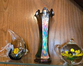 Carnival glass vase,  paper weights 