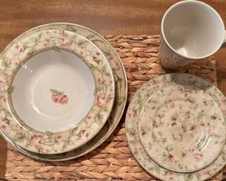 Cherrybloom dishes, with cups, bowls plates and saucers.  Salt & Pepper shakers  with butter dish. 