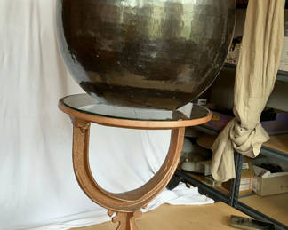 Lot 42: Cast Iron Small table, Large Patina Copper Vessel
