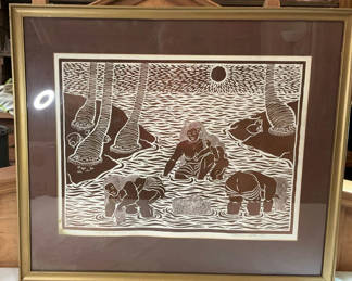 Lot 63: "Harvesting Limu"  Block Print By German/Hawaiian Artist Dietrich Varez