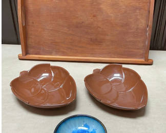 Lot 136: Wooden Tray And Ceramic Bowls