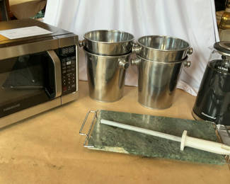 Lot 24: Small Microwave, Electric Kettle, Granite Cutting Board, Stainless Ice Buckets