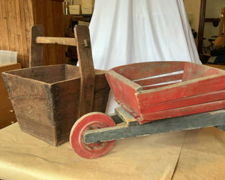 Lot 1: Rustic Vintage Wood Bucket, Wheelbarrow