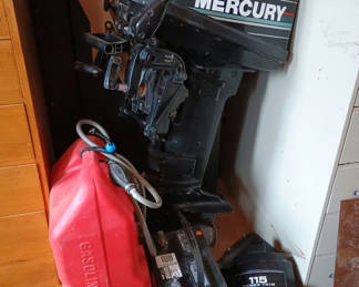 Lot 158: Mercury outboard motor with gas can and battery