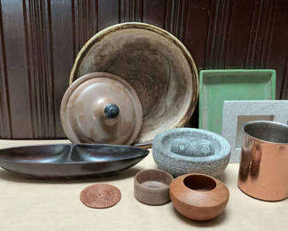Lot 131: Wood Bowls, A Frame, A Copper Pot Lid, Planter Bases. mortar and pestle