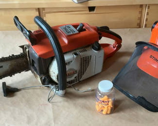 Lot 74: Stihl Chainsaw, headphones and hardhat