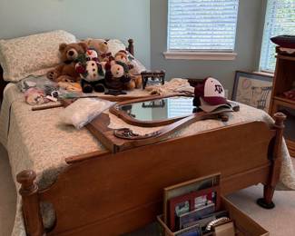 Teddy bears, vintage children's books, bed, bookcase