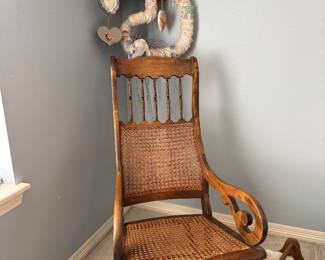 Mahogany and cane rocking chair, 90s hearts, rabbits