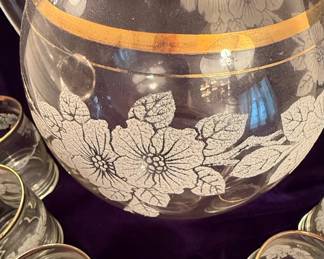Bartlett Collins Style Glass Pitcher and Tumbler Set with Floral Etching and Gold Trim