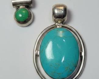 Sterling Silver Turquoise Pendant & Green Stone Charm