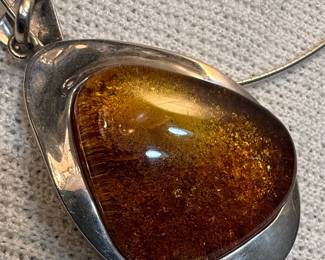 Sterling Silver and Amber Pendant Necklace