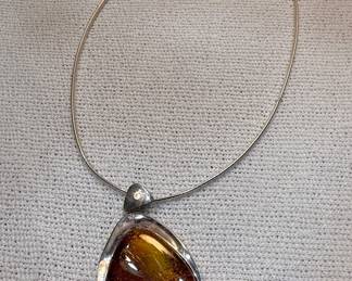 Sterling Silver and Amber Pendant Necklace