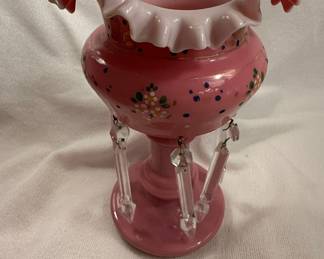 Victorian Pink Opaline Glass "Bride's Bowl" Vase with Prisms