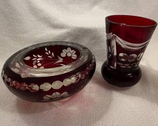 Bohemian Ruby Cut to Clear Glass Ashtray and Vase Set