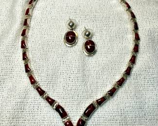 Mexican Sterling Silver and Red Stone Inlay Necklace