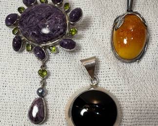 Sterling Silver Charoite, Black Onyx, and Amber Pendants