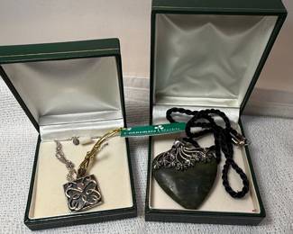 Connemara Marble Heart and Celtic Knot Silver Pendant Set