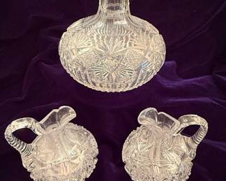 American Brilliant Cut Glass Decanter and Two Cruet Pitchers Set