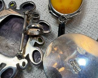 Sterling Silver Charoite, Black Onyx, and Amber Pendants