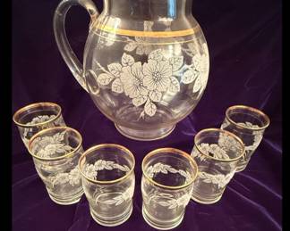 Bartlett Collins Style Glass Pitcher and Tumbler Set with Floral Etching and Gold Trim
