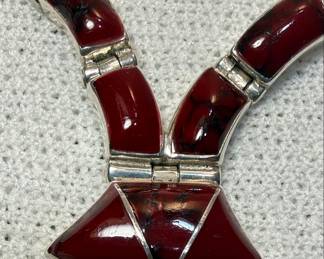 Mexican Sterling Silver and Red Stone Inlay Necklace