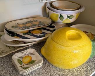 Lemon Pattern Ceramic Serving Dishes and Lidded Jar