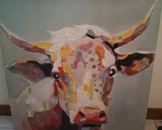 Large Cow Canvas Painting Print Stretched On Wood