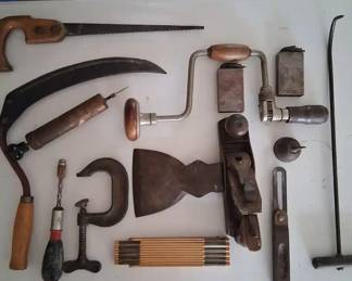Antique Tool Assortment Wooden Hand Planers, Chiseles, Saw