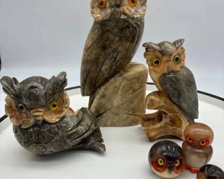 Genuine Alabaster Hand Carved Owls Made In Italy