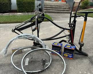 Vintage Huffy Bicycle Frame, Tires, Pumps, and Light Set