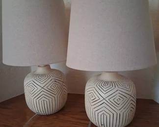 Geometric Design Neutral Lamp Pair With Linen Look Shades