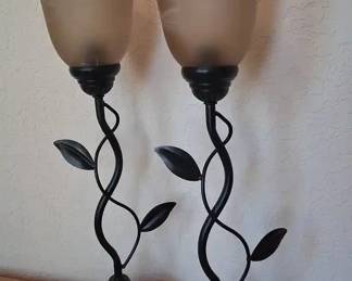 Metal Leaf Lamp Pair With Glass Shades