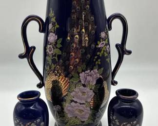 Vintage Japanese Porcelain Cobalt Blue Vase Set