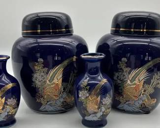Vintage Porcelain Japanese Cobalt Blue Vases, Ginger Jars
