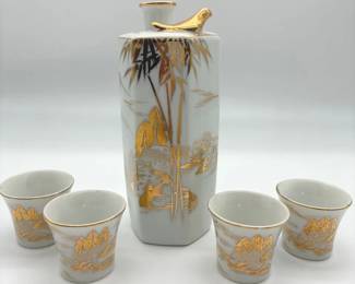 Vintage Japanese Hexagonal Sake De Decanter 4 Cups Gold Leaf HandPainted