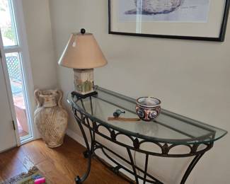 Metal/Glass Foyer Table. Metal Lamp, Vase