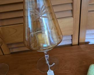 Amber Hurricane /Candle Holders, etched with Palm Tree