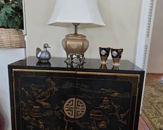 Asian Cabinet with Brass Trim.  Antique Brass Lamp + Misc