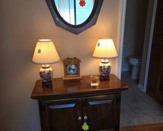 Ethan Allen Cabinet. Mirror. 2 Lamps, Clock