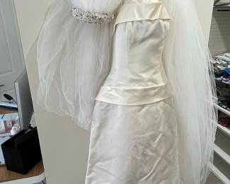 Ivory Satin Halter Wedding Dress with Beaded Veil