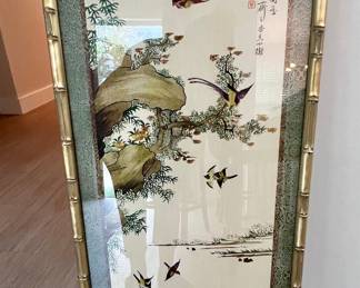 Pair of Vintage Chinese Silk Painting Panels with Faux Bamboo Frames