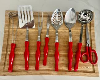Cutco Red Handled Kitchen Utensil Set with Core Bamboo Cutting Board