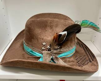 Western Style Suede Cowboy Hat with Feather and Star Embellishments