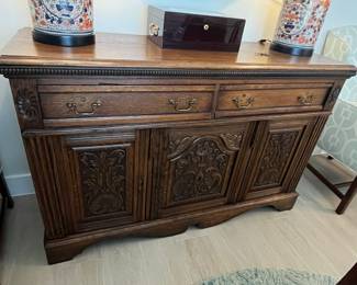 Antique Carved Oak Sideboard in Gothic Revival Style