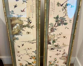 Pair of Vintage Chinese Silk Painting Panels with Faux Bamboo Frames