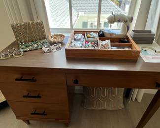 Vintage Wooden Sewing Box with Accessories and Mini Sewing Machine