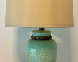 Vintage Celadon Glazed Ginger Jar Table Lamp with Carved Floral Motif