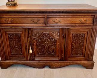 Antique Jacobean Revival Carved Oak Sideboard Cabinet