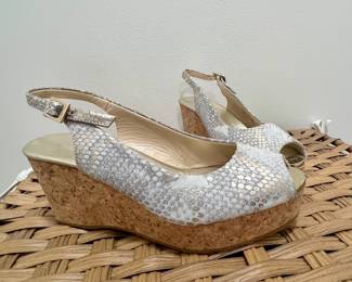 Jimmy Choo "Praise" Metallic Snakeskin Wedge Slingback Sandals