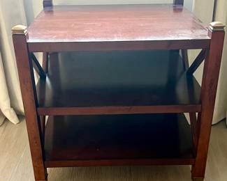 Mahogany Two-Tiered Side Table with Brass Accents and X-Brace Detail